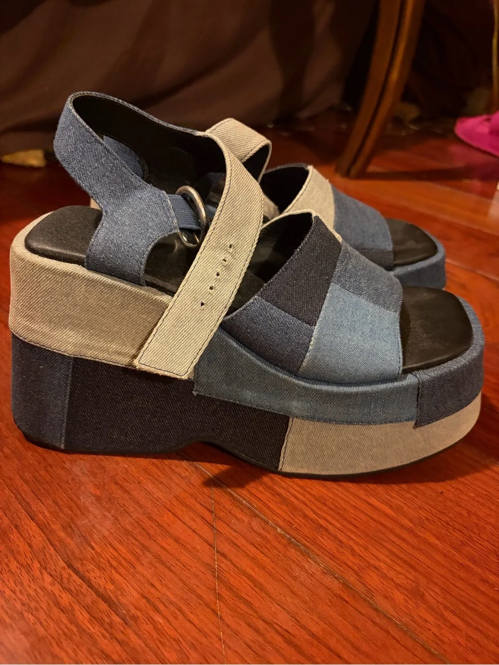 Current Mood Patchwork Denim Platform Sandal - Blue & Light Blue